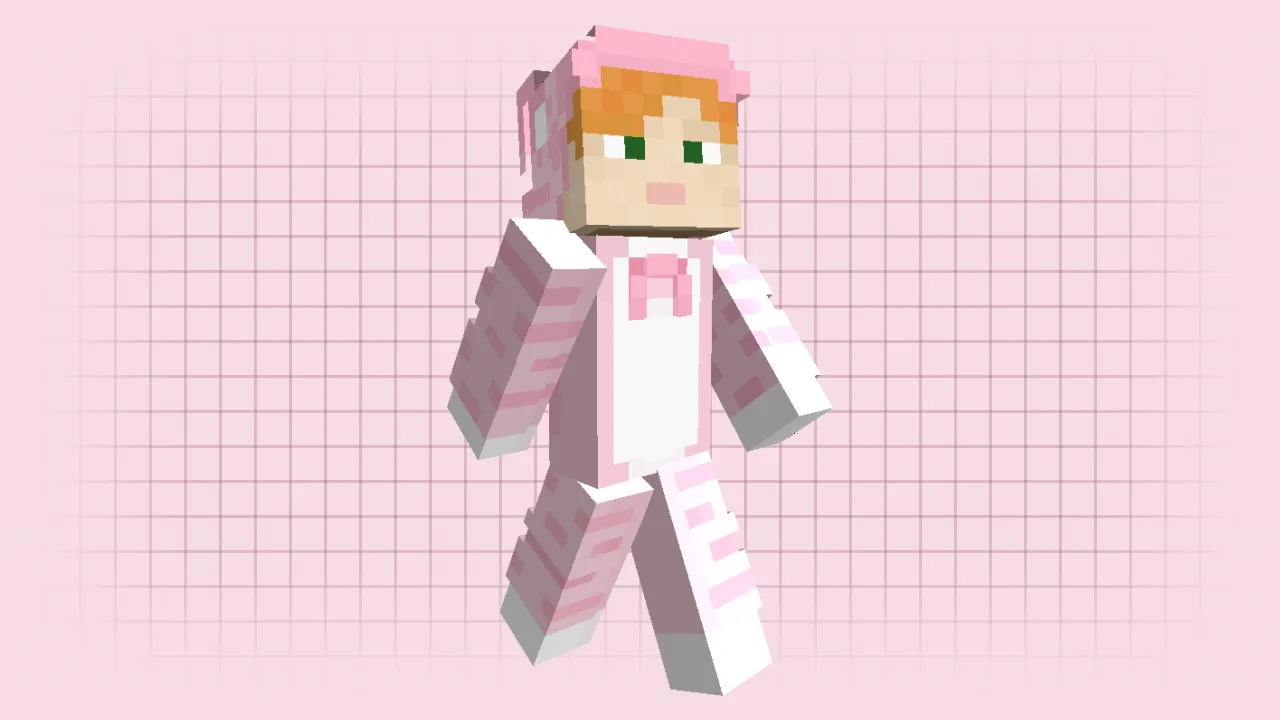 A cute Alex Minecraft skin wearing a pink and white cat onesie with ears and whiskers
