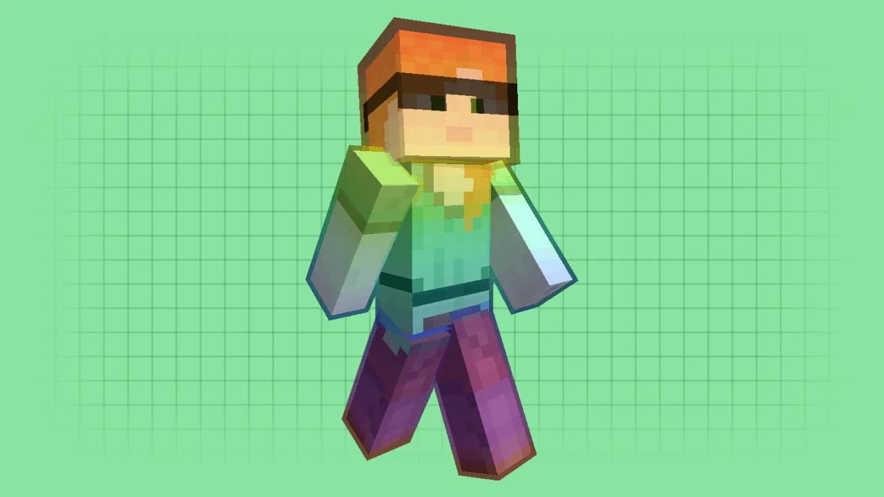 A vibrant Alex Minecraft skin featuring a colorful rainbow glow effect and neon shading on a slim character model