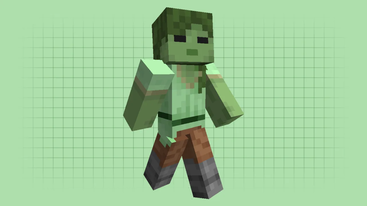 A green zombie version of the Alex Minecraft skin with dark eyes and tattered classic clothes for a slim model