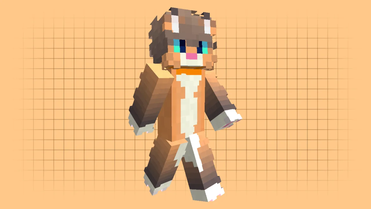 An orange and cream tabby Minecraft cat skin with bright blue eyes and white paws