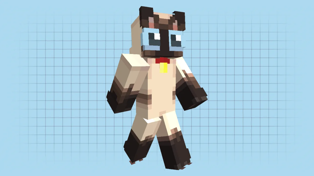 A cream and brown Siamese cat Minecraft skin with large blue eyes and a red collar.