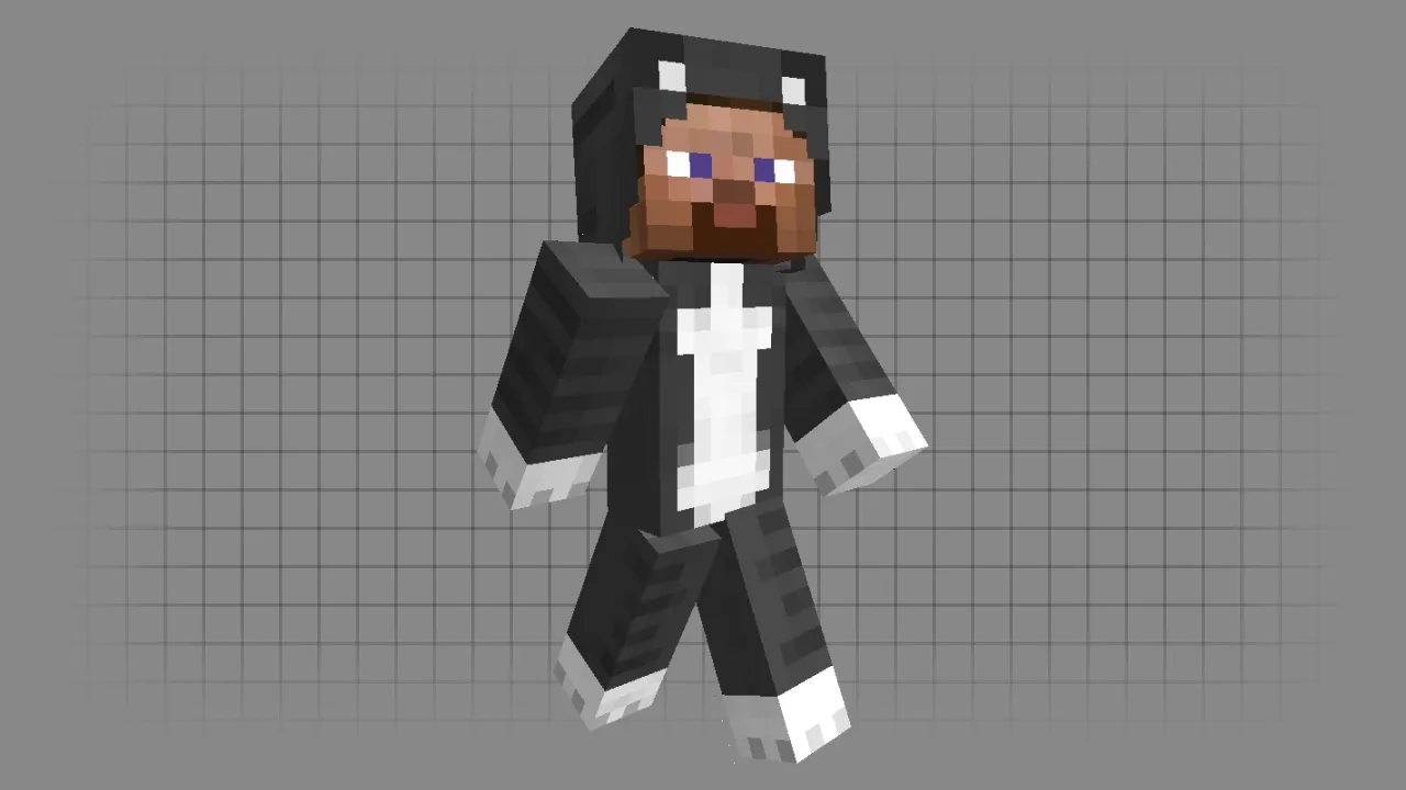 A classic Steve Minecraft character skin wearing a dark grey and white cat costume with stripes