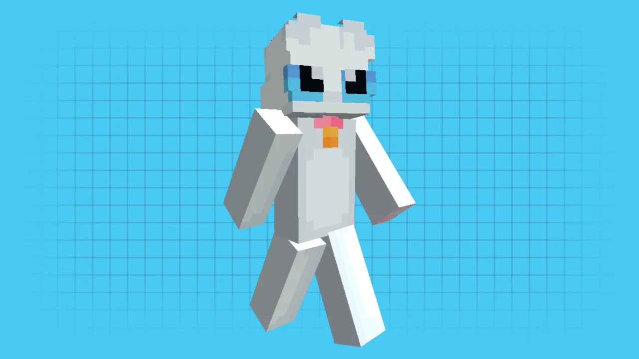 A pure white Minecraft cat skin with light blue eyes and a pink collar with an orange bell