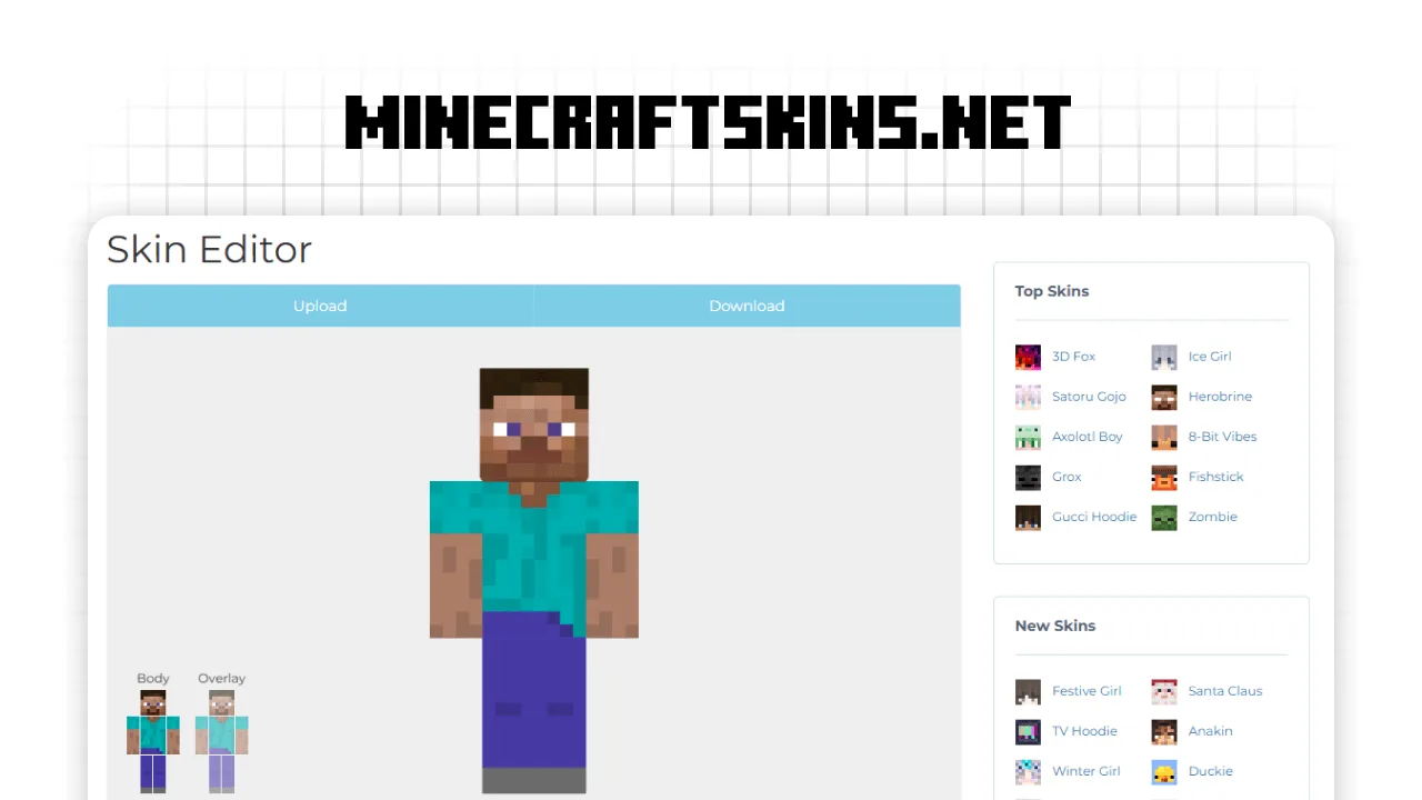 Minimalist Minecraft skin editor interface showing a Steve model with a grid overlay and a selection of trending community skins on the sidebar