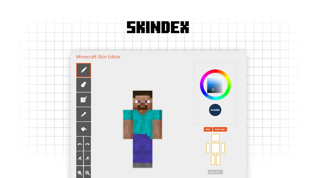 The Skindex Minecraft skin editor website showing a Steve model with a pixel grid, a large color wheel, and options to upload or download designs
