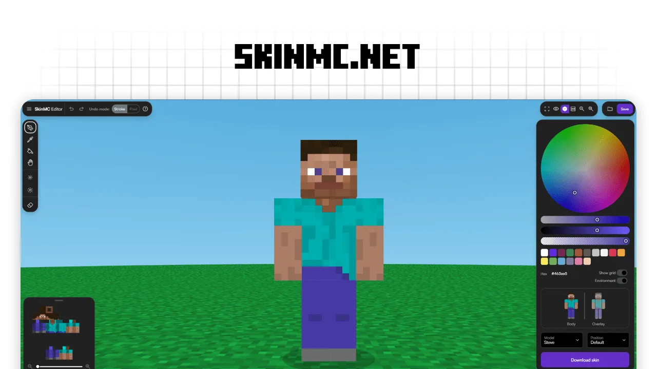 Professional 3D Minecraft skin editor interface on SkinMC featuring a Steve model in a grassy environment with advanced color tools