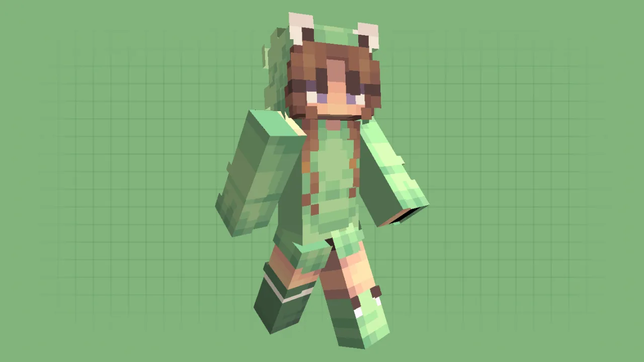Aesthetic Minecraft girl skin wearing a green frog onesie with a cute hood and cozy vibes
