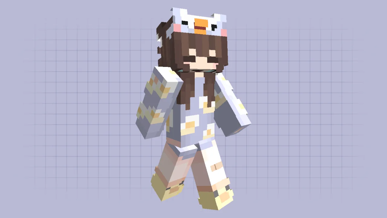 Aesthetic Minecraft girl skin wearing purple duck-patterned pajamas with matching duck slippers and a hat